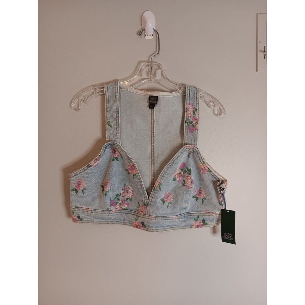 Wild Fable Triangle Cup Light Denim Floral V-Neck Cropped Tank Top Size Large